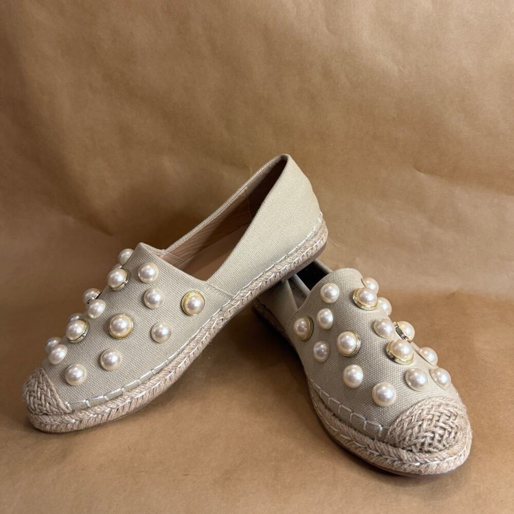 BNWB Chase Chloe Nude Pearl Gold Studded Espadrilles Flats SZ 7.5